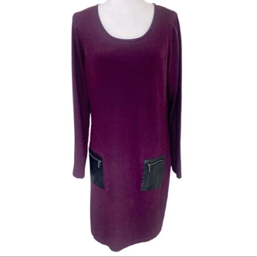 Neiman Marcus Purple Knit Dress. Faux Leather Details. Sz Large Great Condition